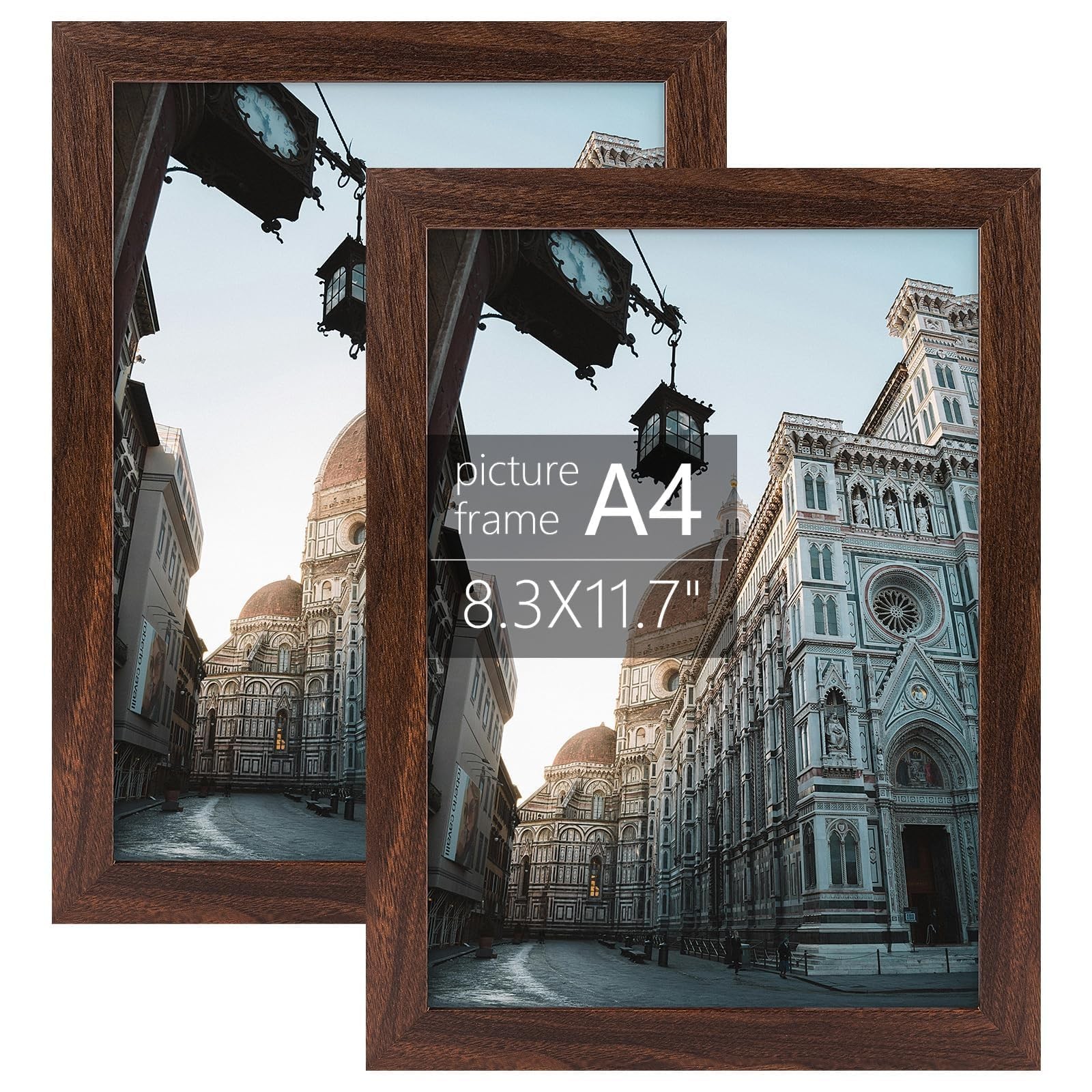 2 Pack A4 Dark Brown Engineered Wood Picture Frames Plexiglass Wall Display