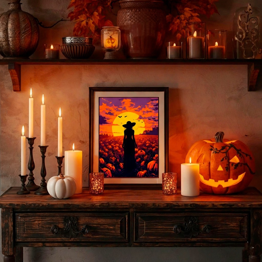 Witch Silhouette Pumpkin Field Wall Art | Halloween Sunset Landscape Print Art