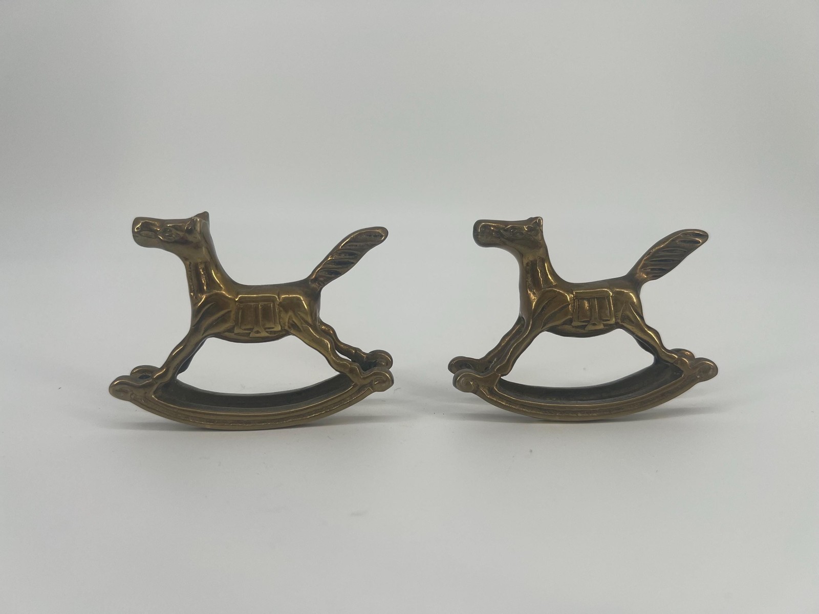 Brass Rocking Horse Vintage Mid Century Solid Brass Figurines Set Bookends