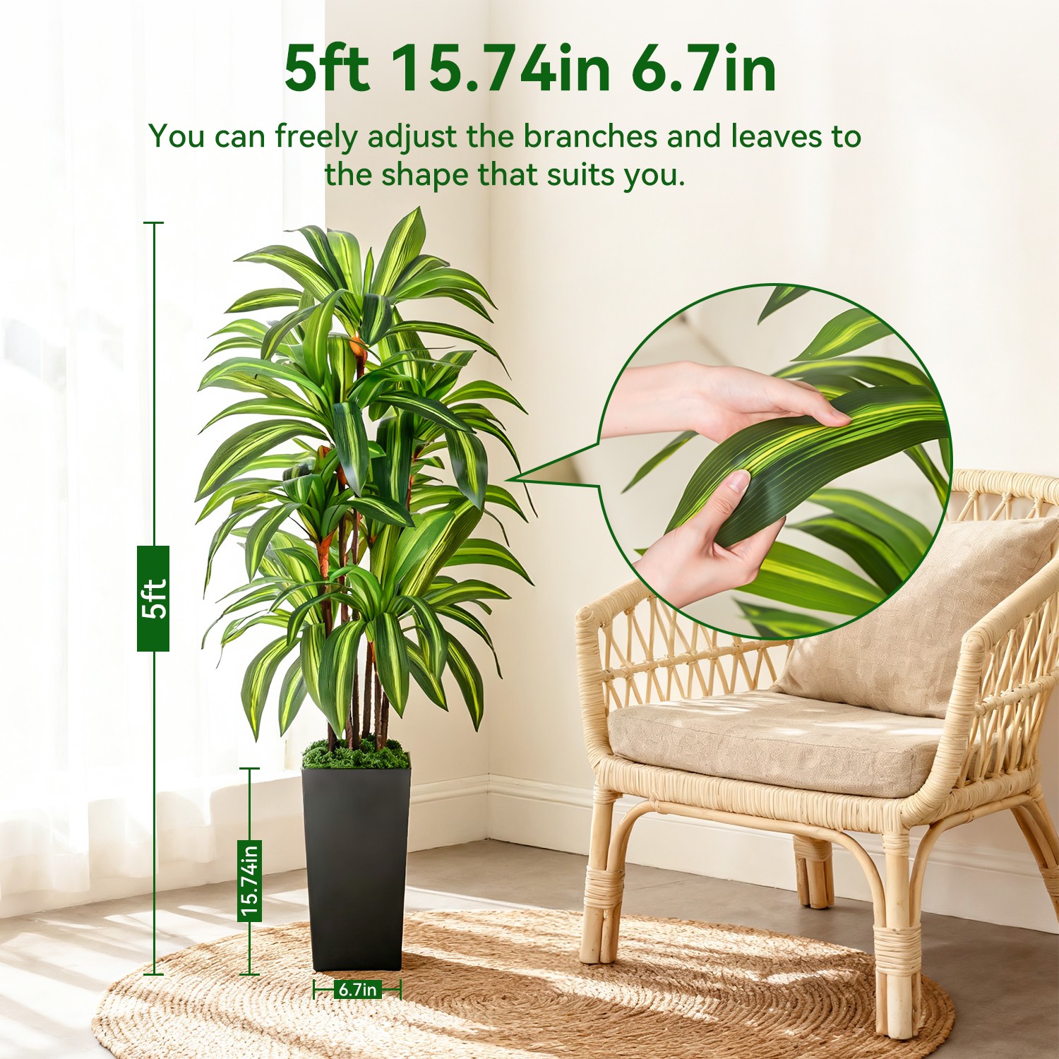 Artificial Dracaena Tree with Lights, 5Ft Fake Plants Black Tall Planter Indoor