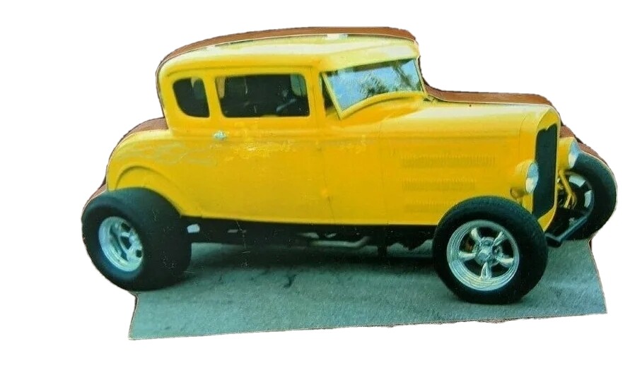 1930&rsquo;s roadster yellow shelf sitter hanging wood plaque, 9 3/8 x 5 1/2 x 5/8 in