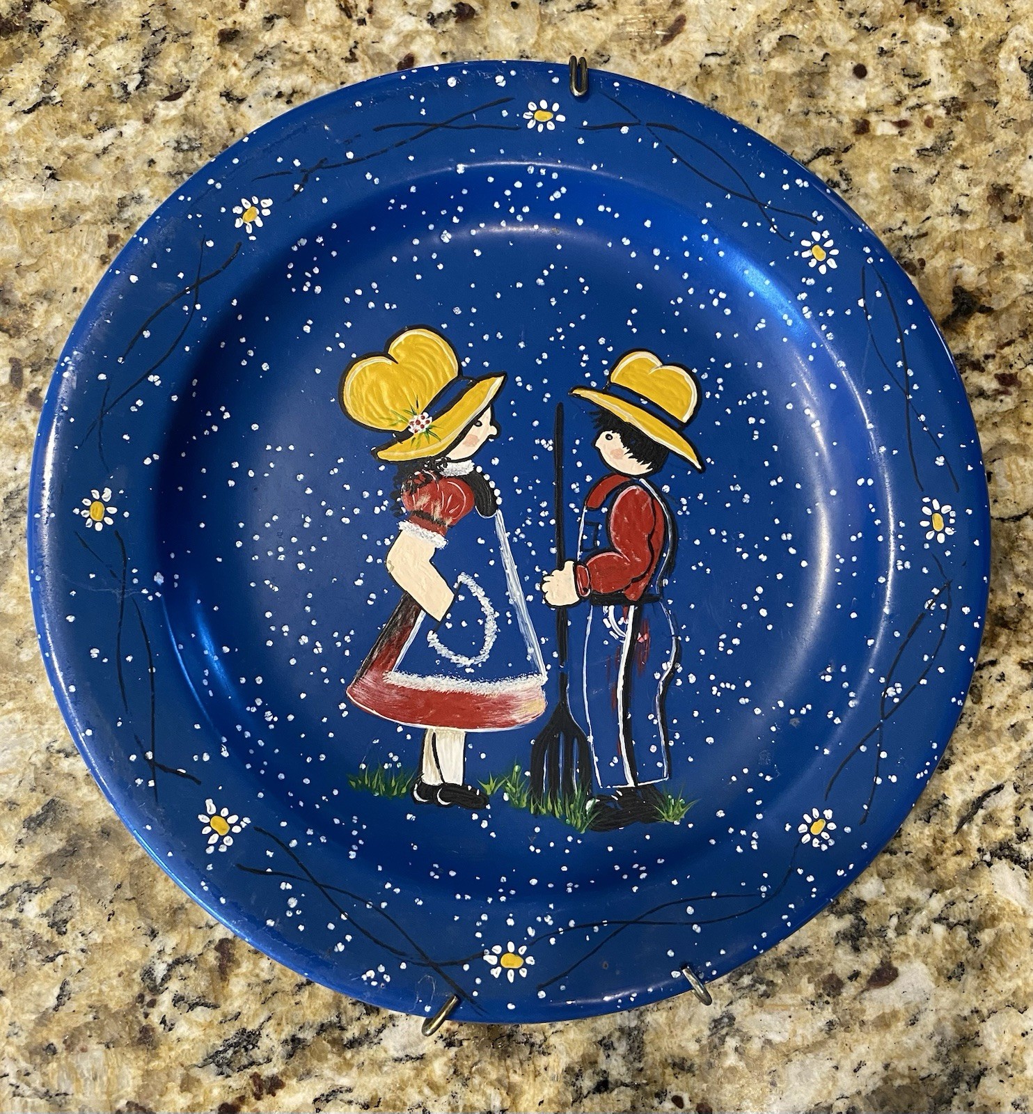 Hand Painted Folk Art Decorative Plate Artist Signed Blue Whimsical Scene