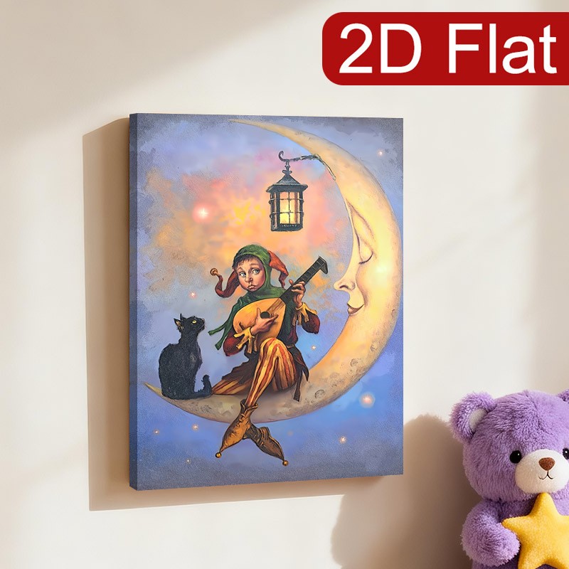 Jester with Black Cat on Crescent Moon Canvas Wall Art, Whimsical Fantasy Decor