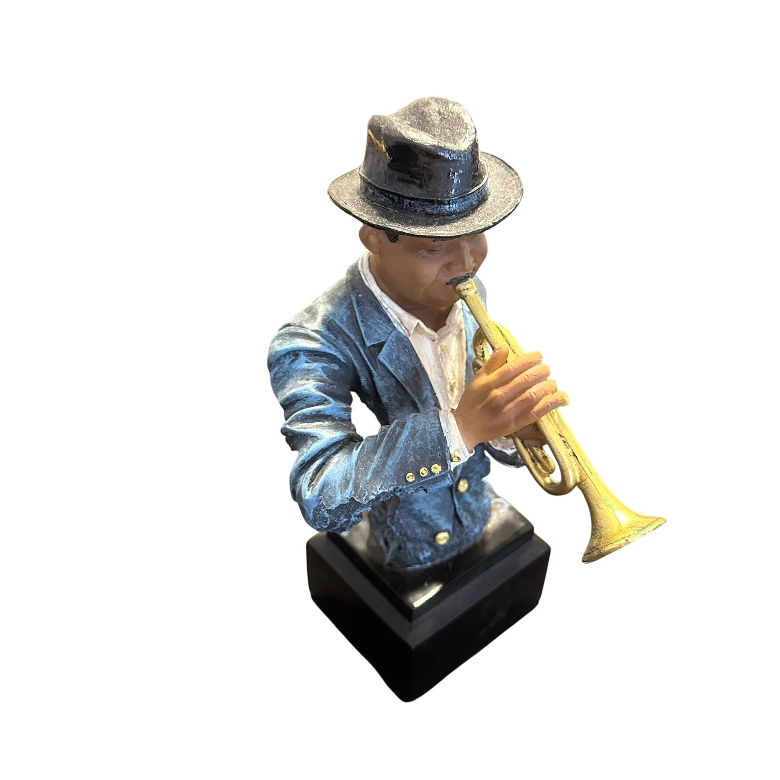 Vintage Jazz Trumpet Player Bust Figurine Musician Statue Blue Suit Fedora
