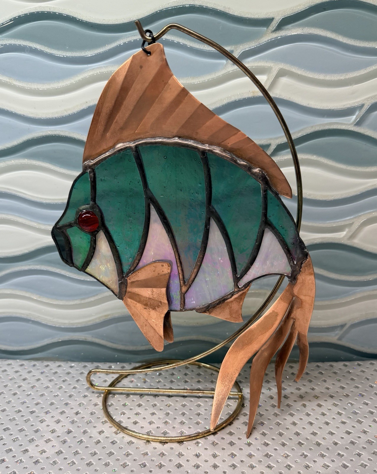 Vintage Stained Glass Rainbow Fish Suncatcher Dichroic Green/Pink w/Copper Fins