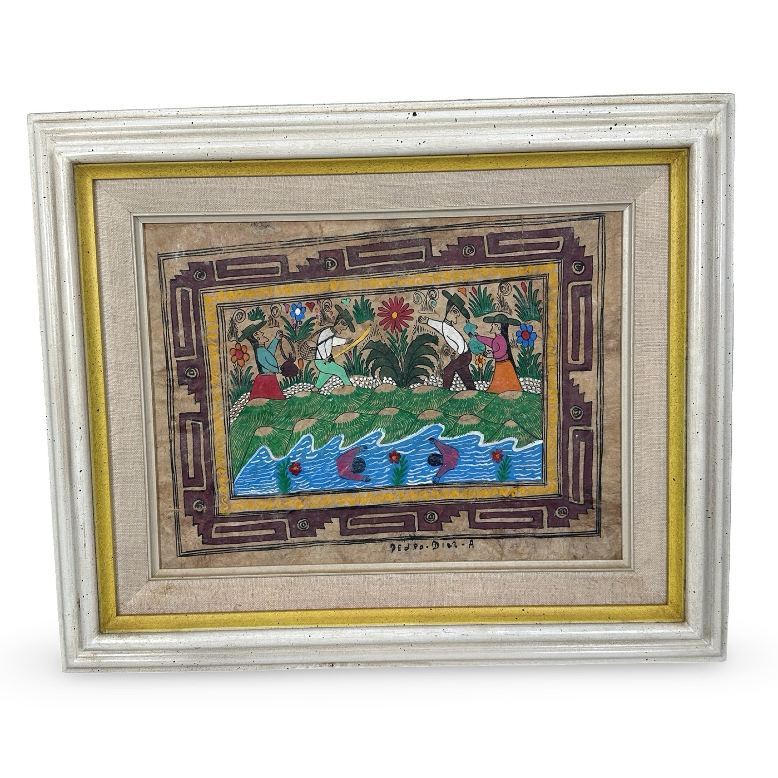Pedro Diaz A Mexican Folk Art Amate Bark Painting Framed Village Scene 17×14