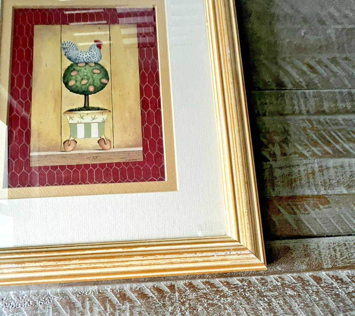 James Wiens Framed Chicken Topiary Print Farmhouse Country Wall Art 12X15 Signed