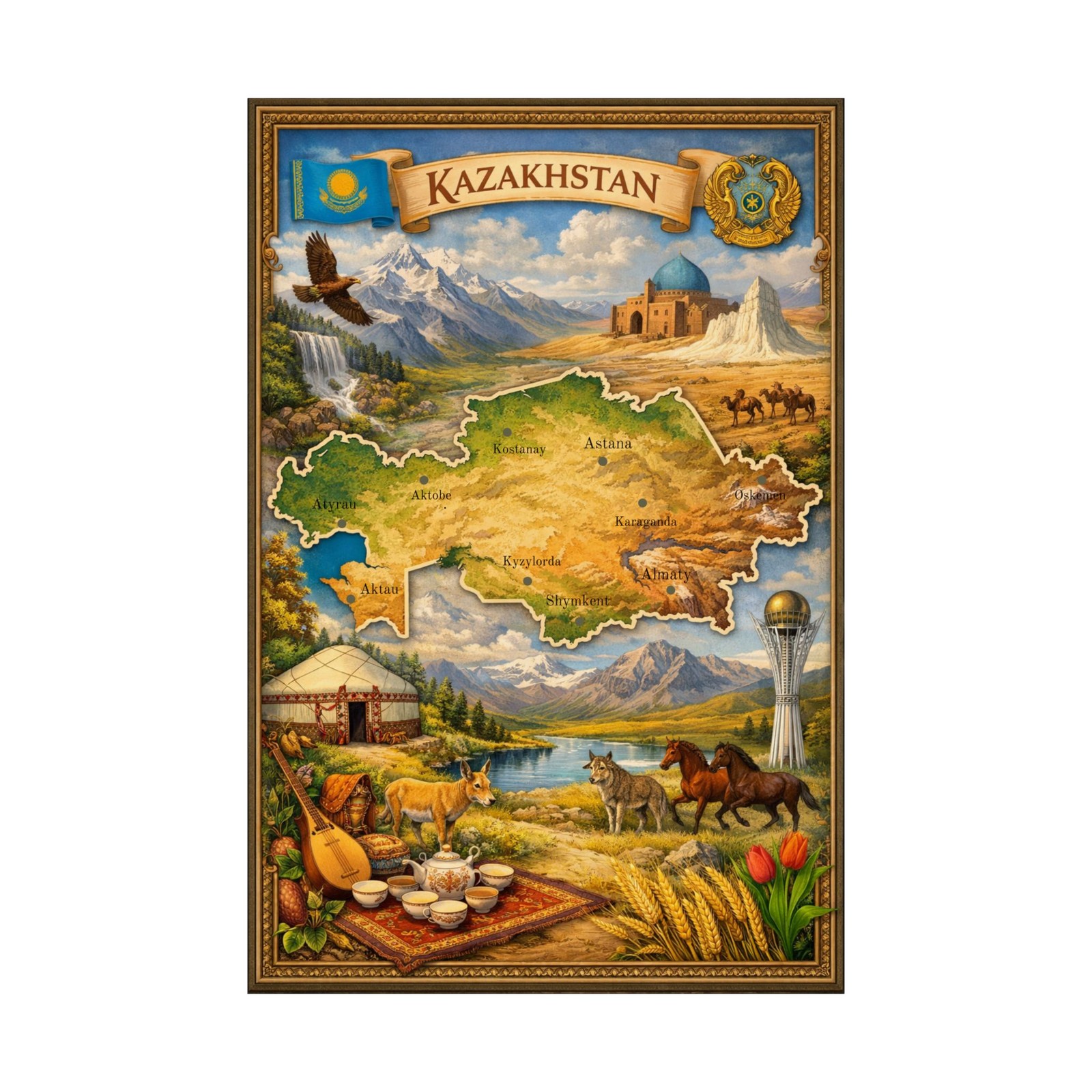 Kazakhstan Poster | Yurt, Horses, Travel Map Art