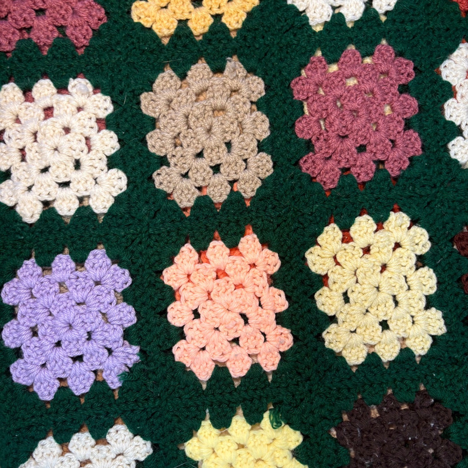 Handmade Crochet Granny Square Table Runner Green Multi Color Boho Vintage 70×19