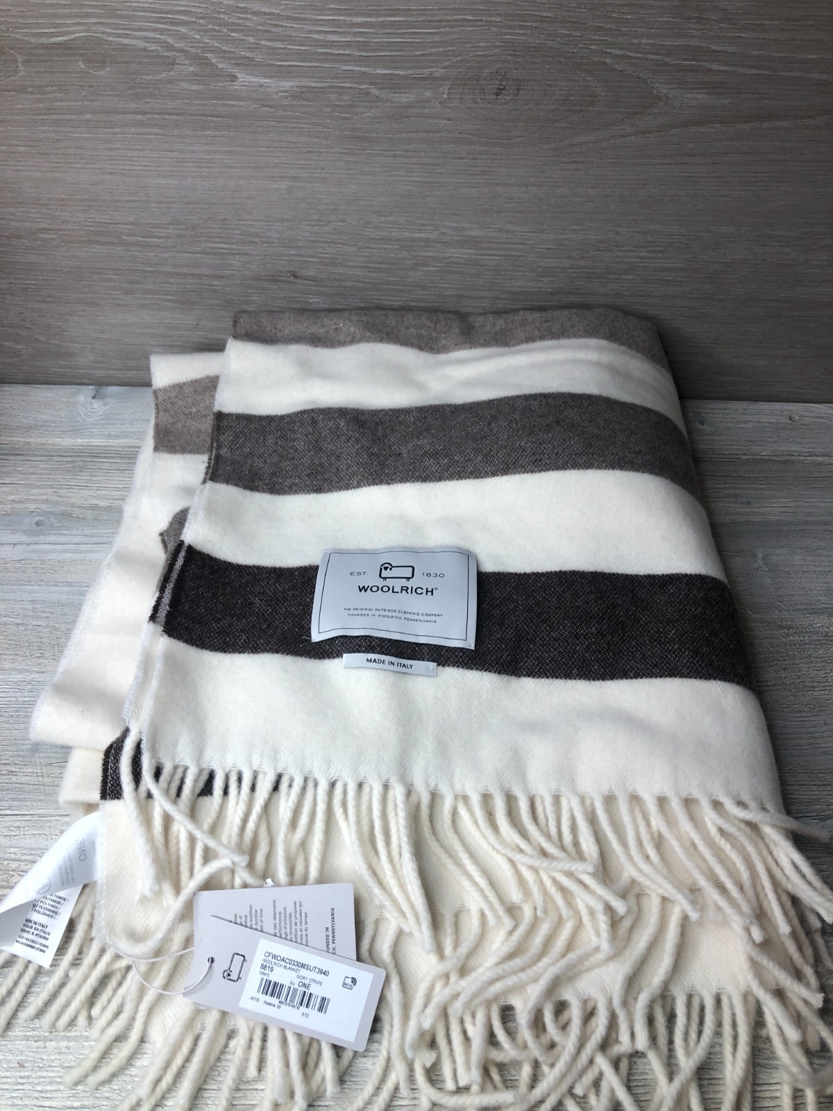 Woolrich Wool Blanket Throw Fringe Ivory & Brown Stripe 55.5&Prime; x 57&Prime; Italy NWT