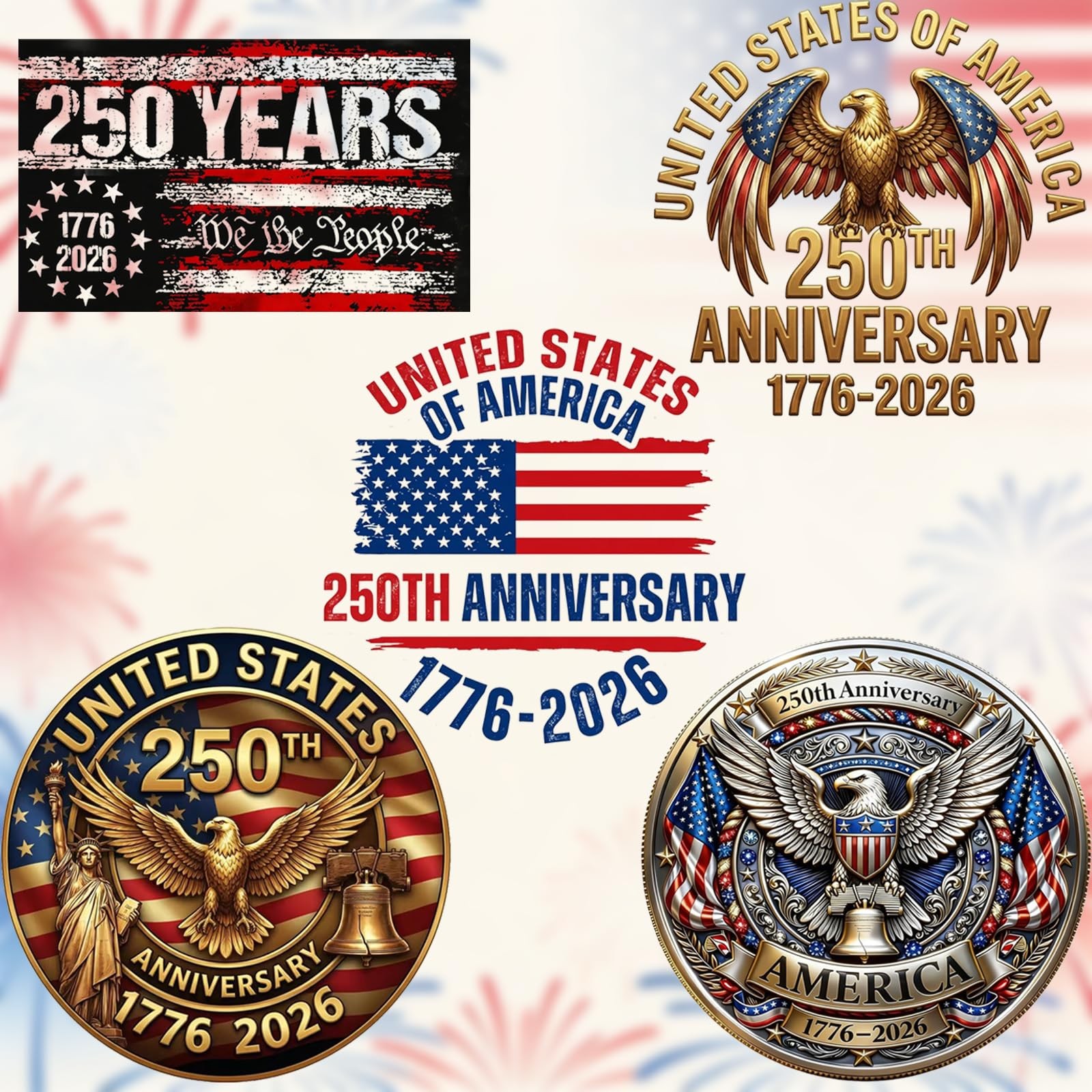 5-Pack 250th USA Anniversary Car Decals, 7.85&Prime; Patriotic 4th of July 1776-2026