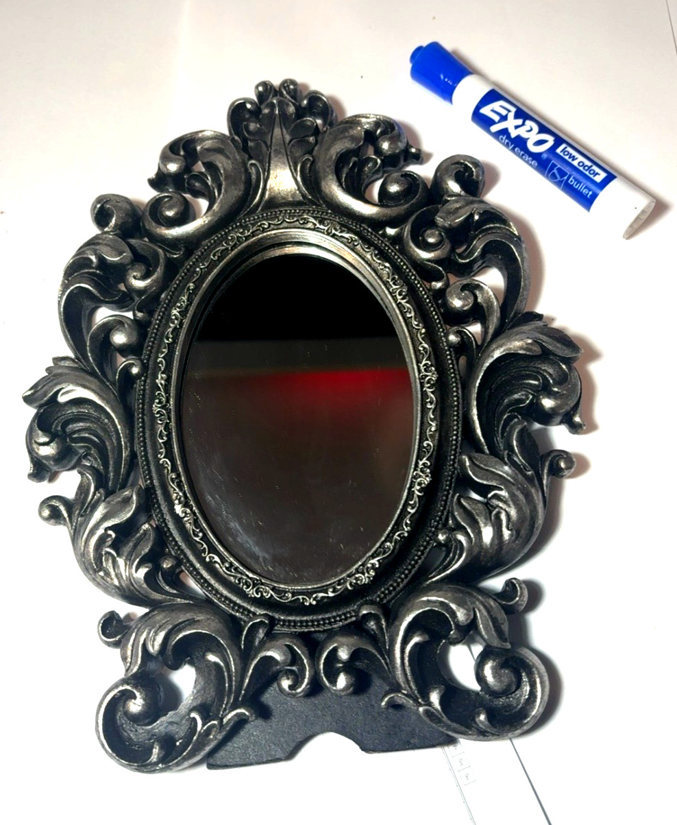 Ornate Baroque Rococo Silver Oval Tabletop Vanity Mirror Easel Frame 10&Prime; L094