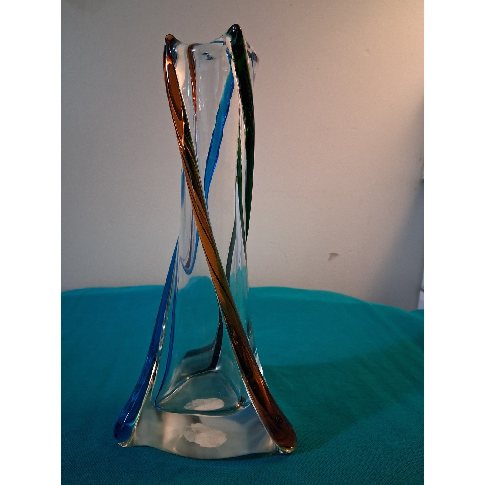Unusual The Art of Fine Glass Twisted Sommerso Vase Blue Amber Green 10.75in