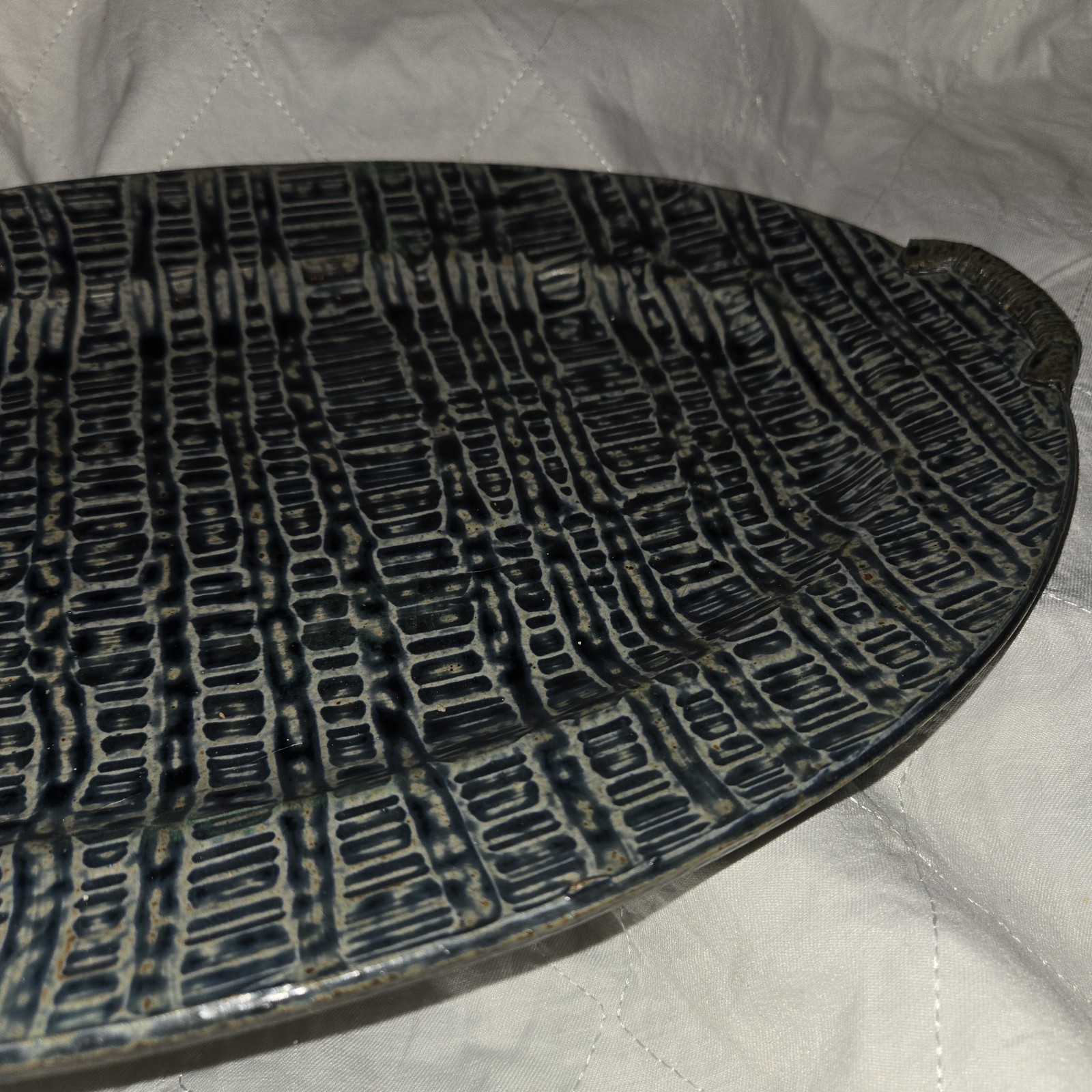 Studio Art Pottery Oval Serving Platter Tray Blue Mosaic Geometric Design Signed