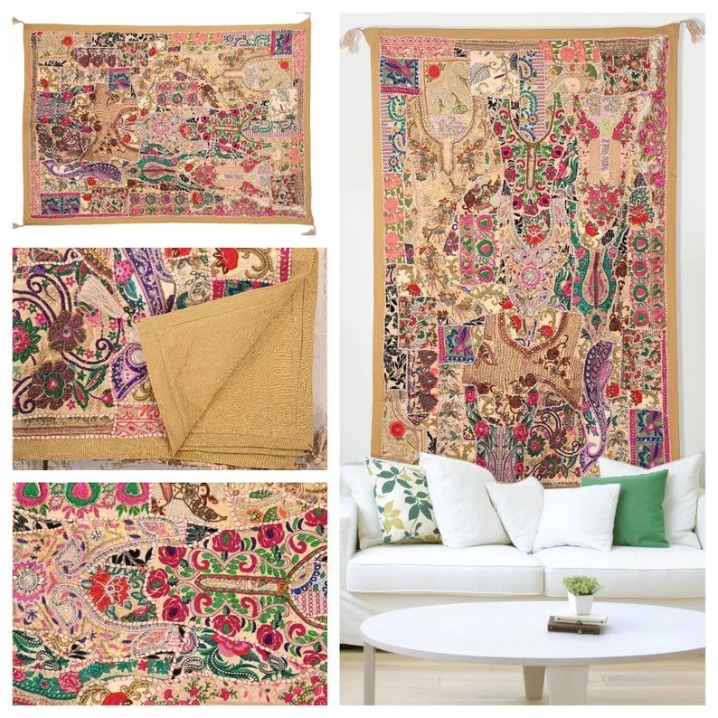 Vintage Wall Tapestry Cotton Hand Beads Embroidered Patchwork Ethnic Hanging 60&Prime;