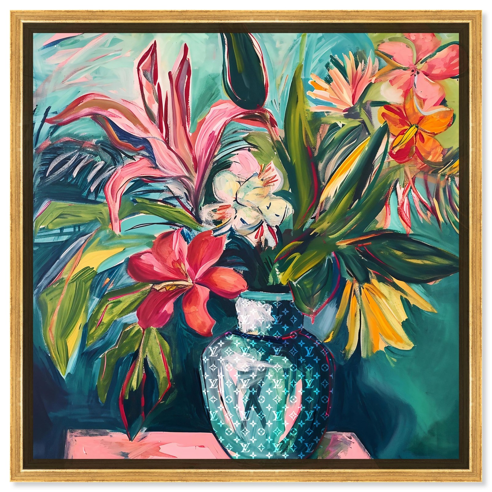 Vase Of Tropical Flowers Framed Flowers In Vase Paintings, 41.5&Prime; x 41.5&Prime;, Gol…