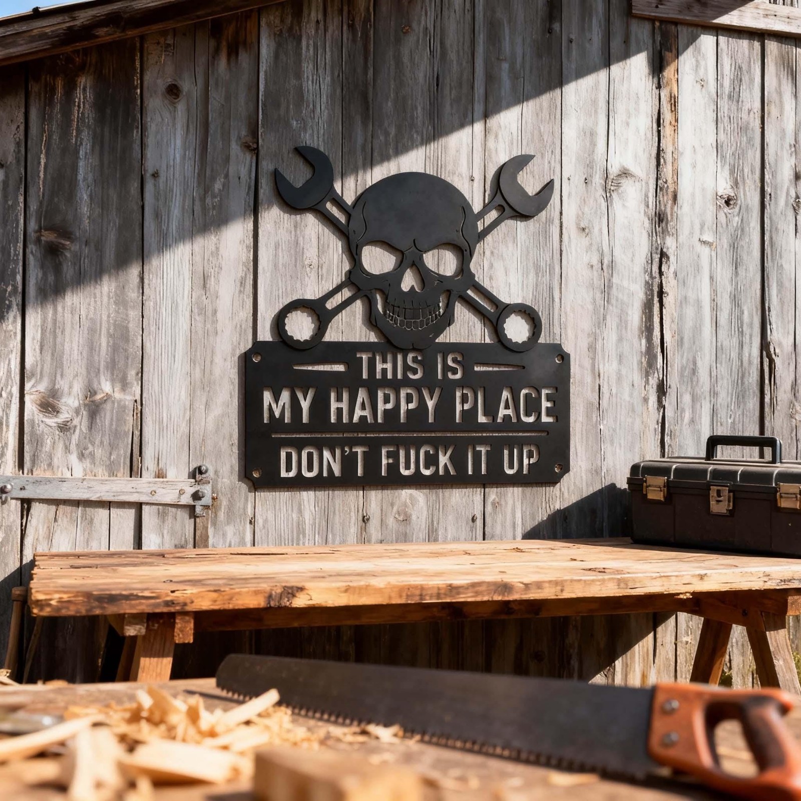 Industrial Style Metal Sign, This Is My Happy Place Skull Plaque