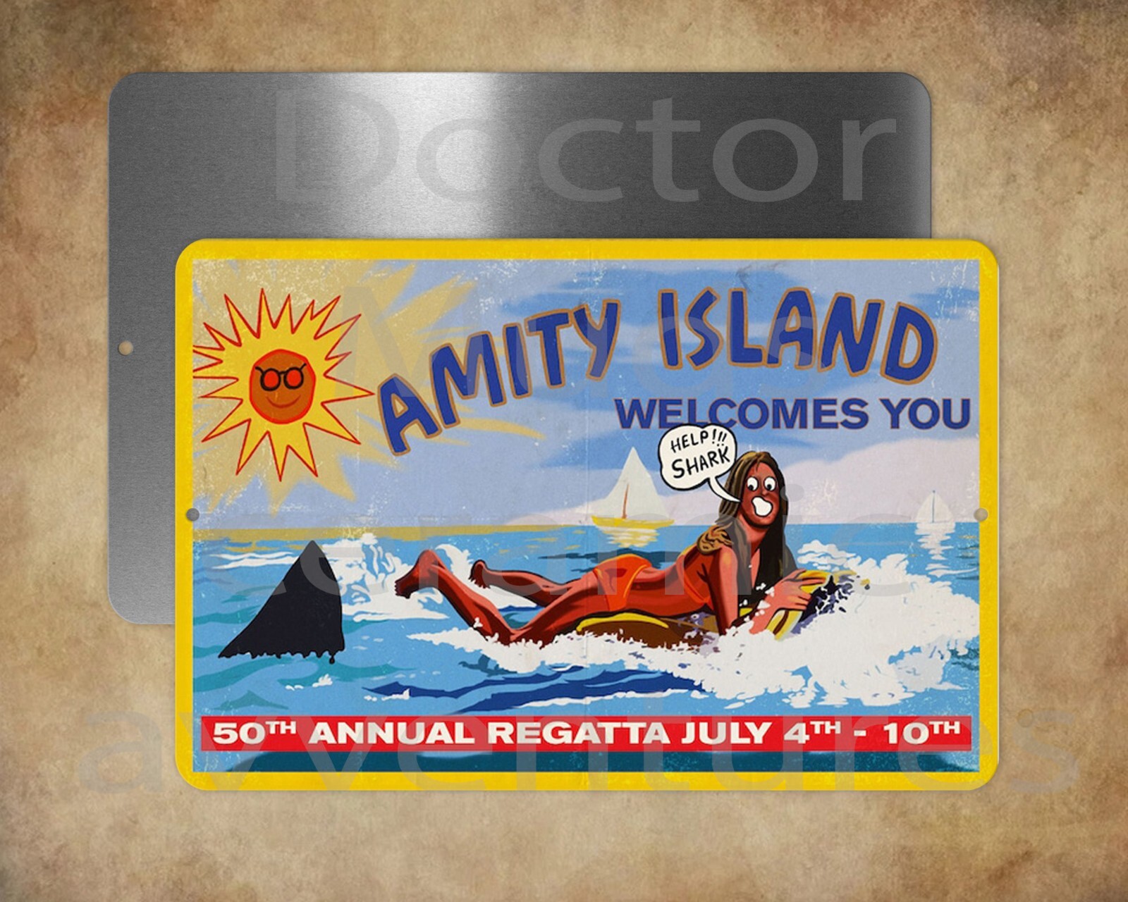 JAWS Amity Welcomes You Billboard Hooper Brody shark 8&Prime; x 12&Prime; metal sign