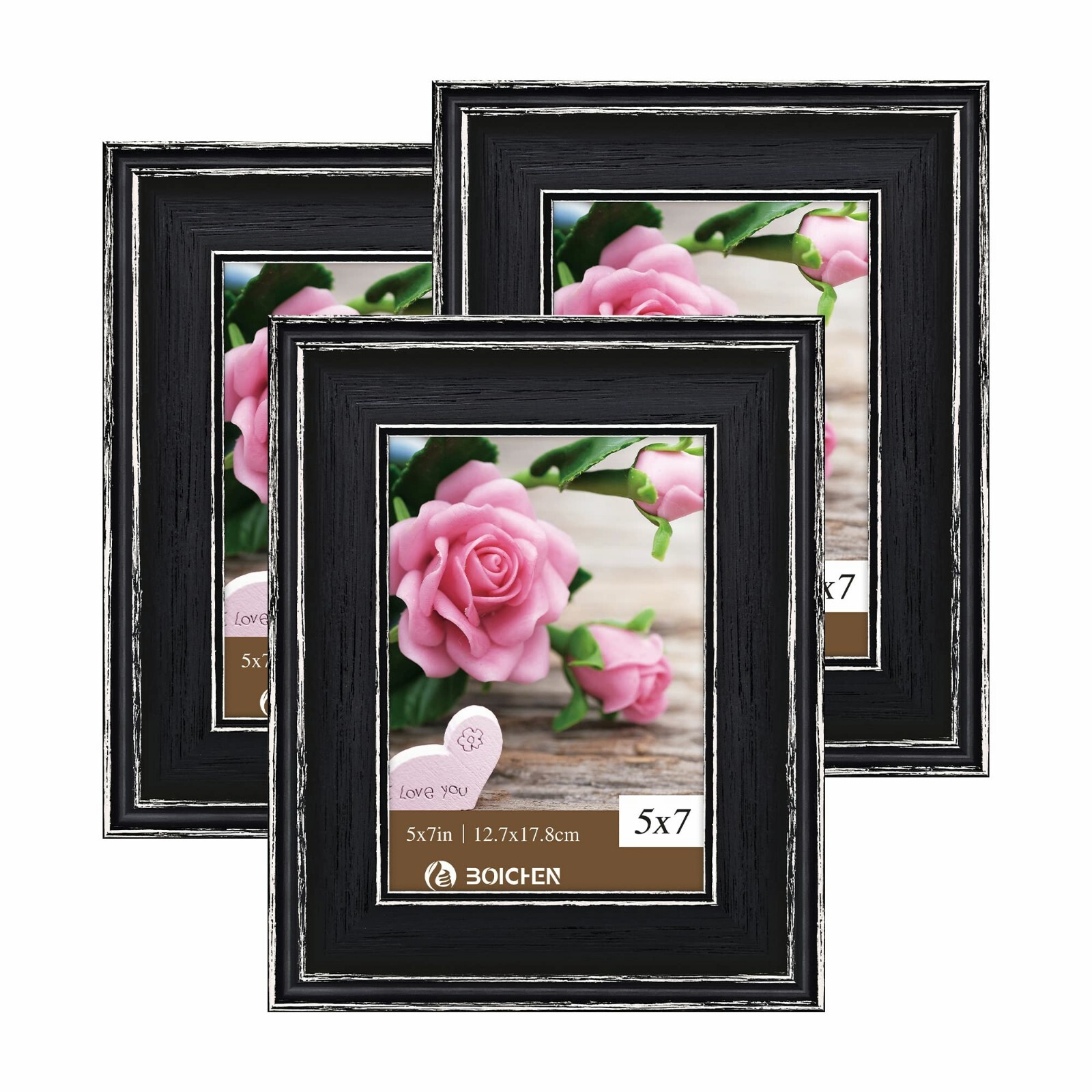 Picture Frames 5×7 in Black -Rustic Distressed Solid Wood with Real Glass,3 Pack