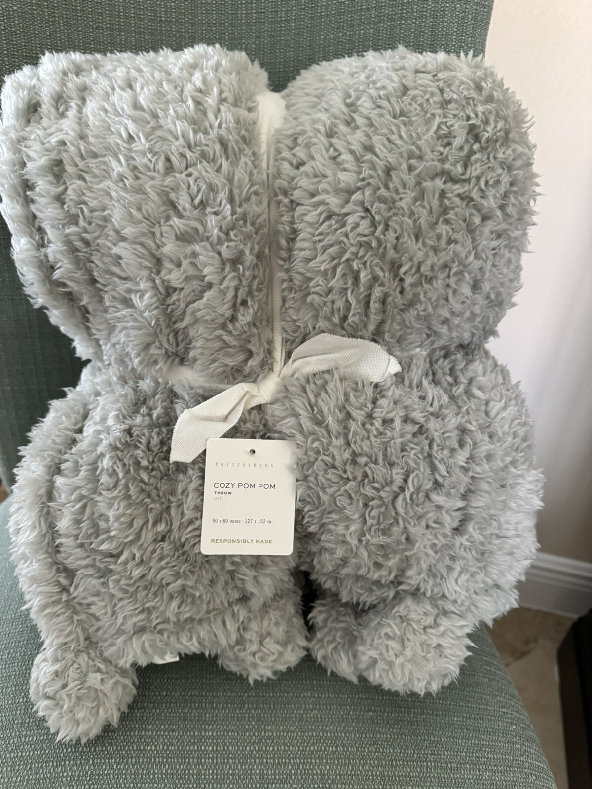 Pottery Barn ~GRAY COZY POM POM~ THROW BLANKET ~CHRISTMAS~ 50”x60”