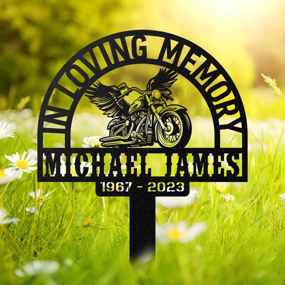 Custom Biker Memorial Stake, Rider Memorial Metal Stake, Motorcycle with Wings