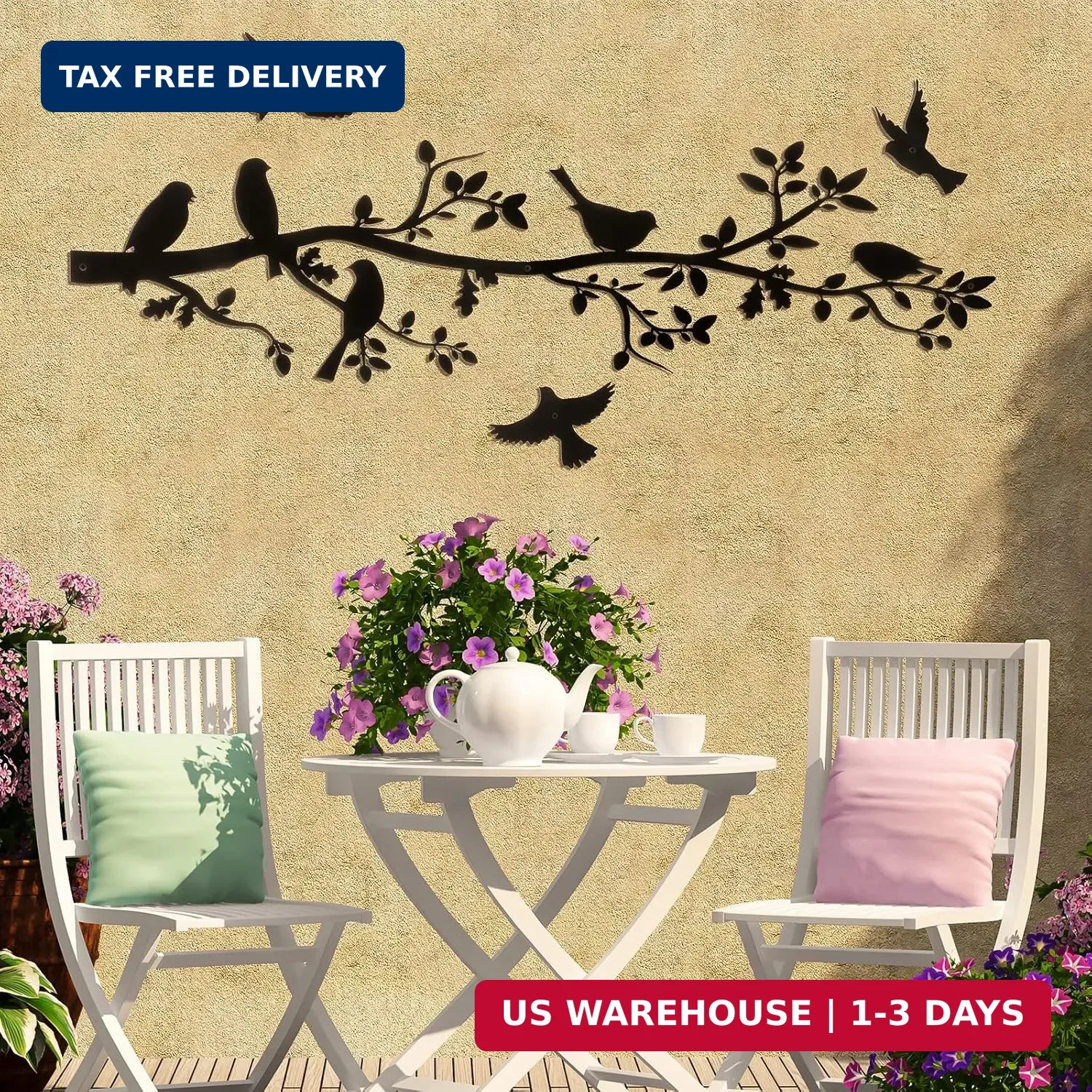 Metal Wall Art Birds on Branch Set of 5 Hanging Bird Silhouette Garden Decor