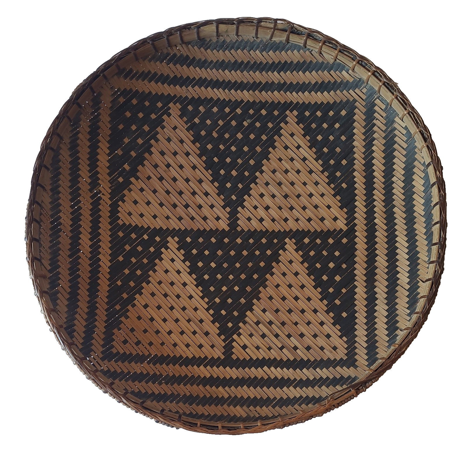 Round Woven Flat Winnowing Basket Decorative 11.5&Prime; diameter Triangles 2-Toned