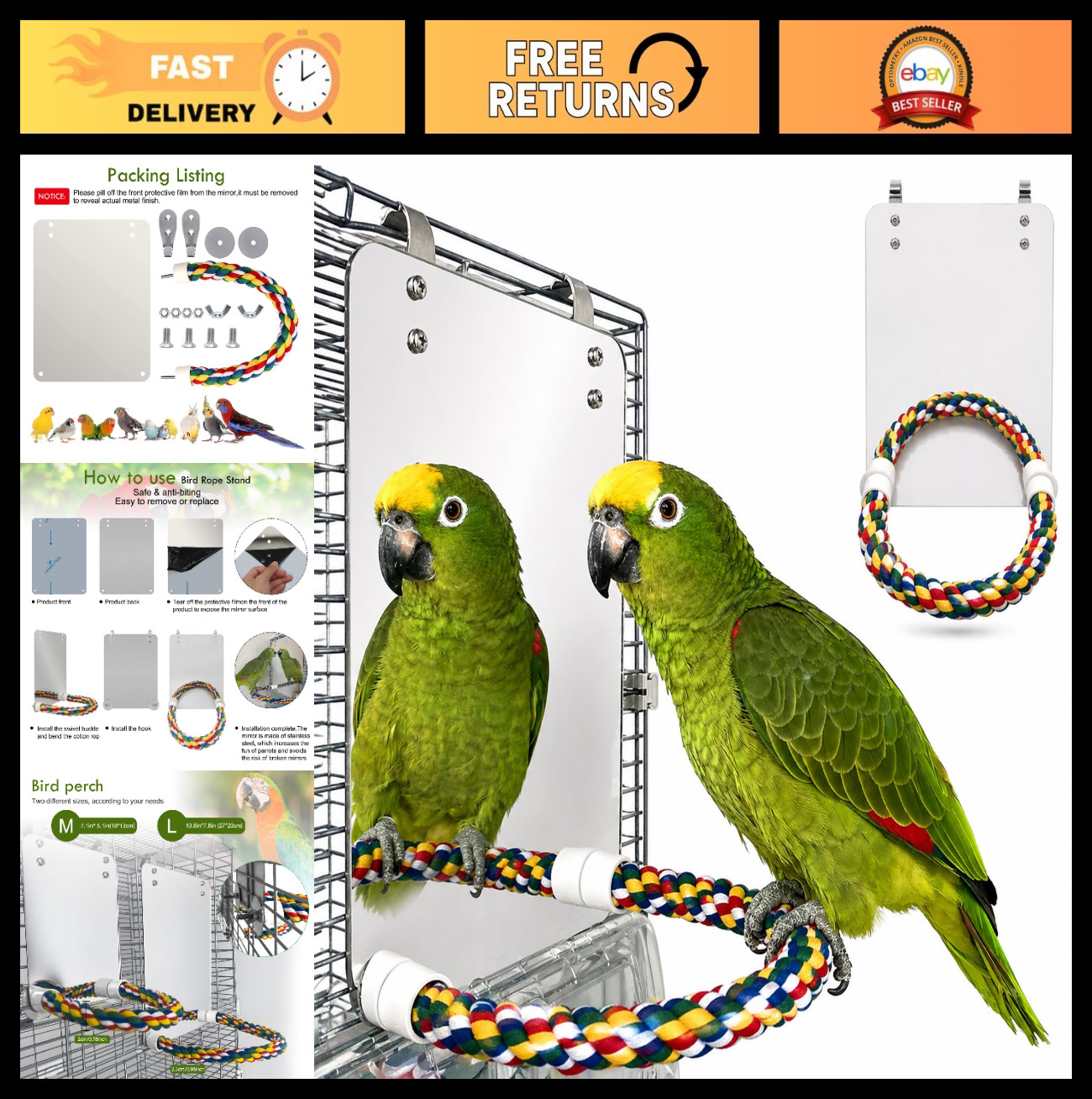Large Stainless Steel Bird Mirror with Rope Perch – Parrot & Cockatiel Cage Toy