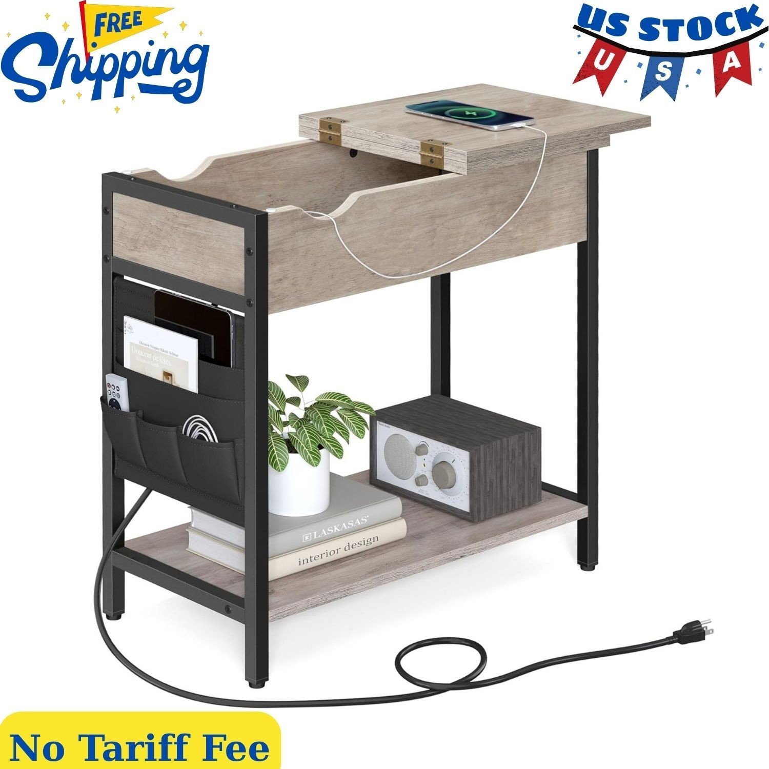 Greige and Black Industrial Side Table with Built-In Charging Station, USB Ports