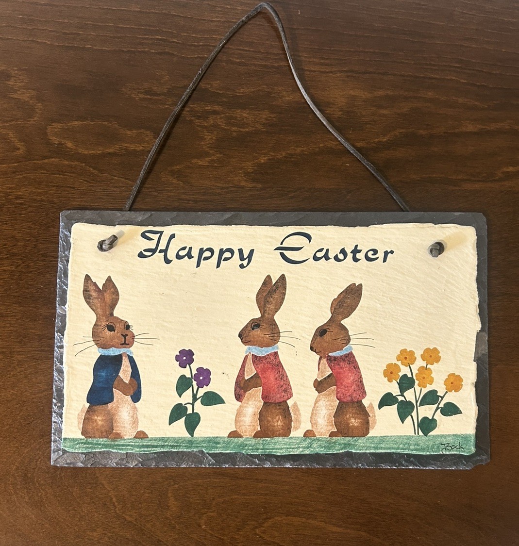 VTG Slate 12×7 “Happy Easter” Bunny Rabbit Hanging Wall Plaque Signed Bock