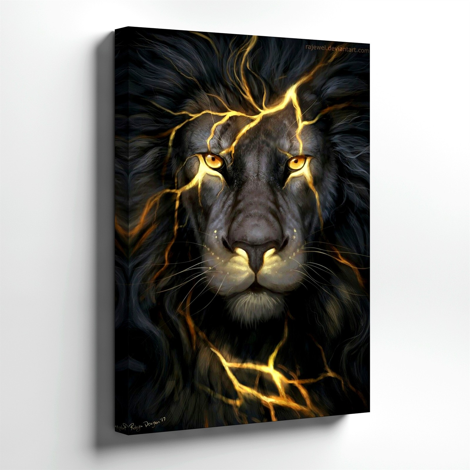 Wall Art Black Lion Portrait Print Gold Lightning Dark Fantasy Animal Decor