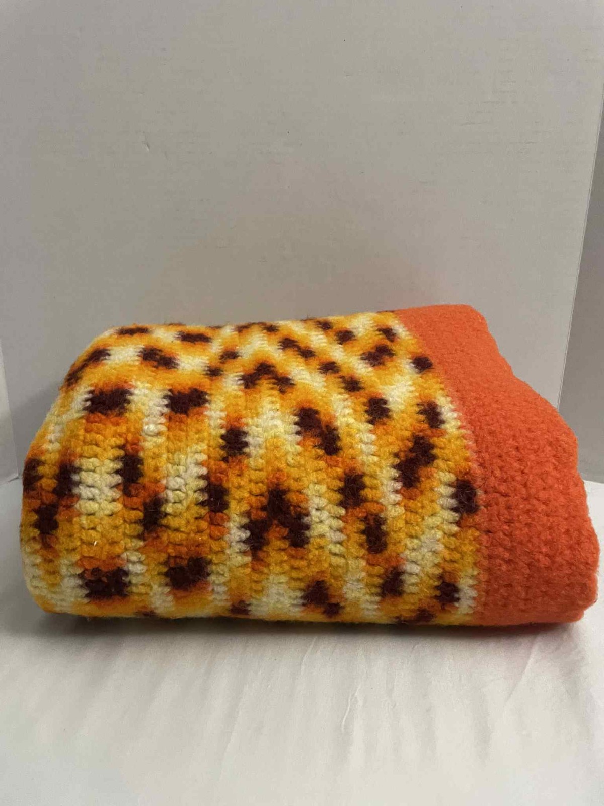 Crocheted Throw Afghan Blanket In Yellow Brown White Orange 37W43L
