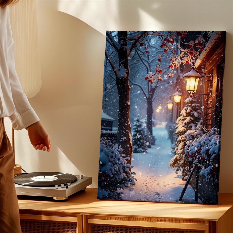 Wall Art Winter Snowy Path Lantern Light Cottage Red Berries Canvas Print Decor