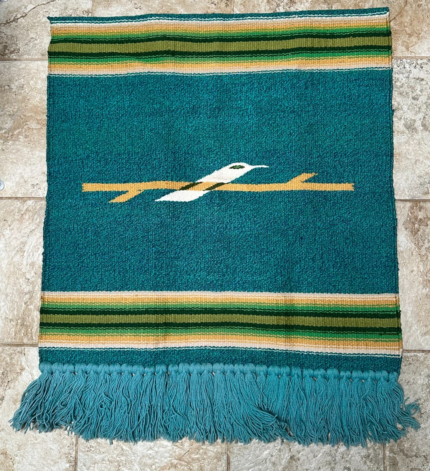 Vintage Hand Woven Wool Wall Tapestry Rug Hummingbird Bright GreenAqua 31&Prime; x 39&Prime;