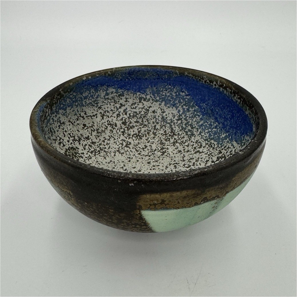 Hand Thrown Studio Pottery Bowl Turquoise & Iron Reactive Glaze Signed 5.5”