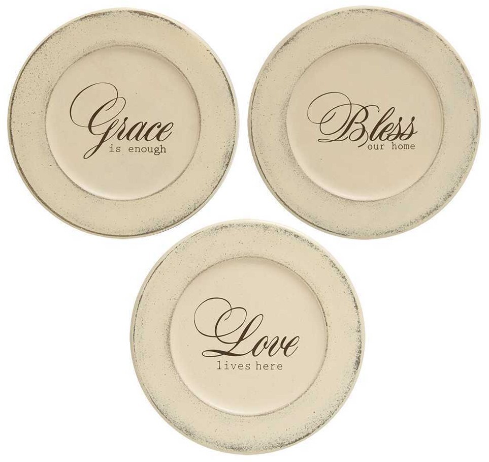 NEW Farmhouse Chic PLATES Set of 3 Cottage GRACE BLESS LOVE Wood 9.5&Prime; W Beige