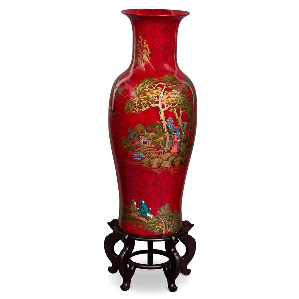 US Seller – 36in Red Lacquer Chinoiserie Scenery Motif Chinese Porcelain Vase