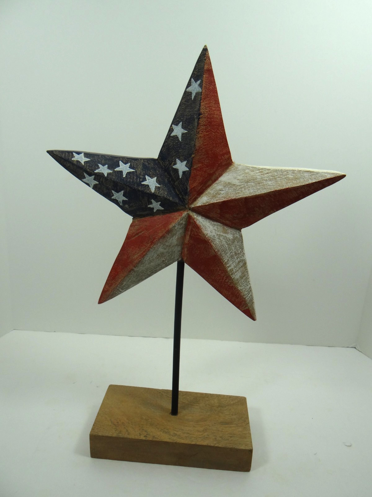 Americana Patriotic Hand Painted Star Wood Base Table Decor Red White Blue