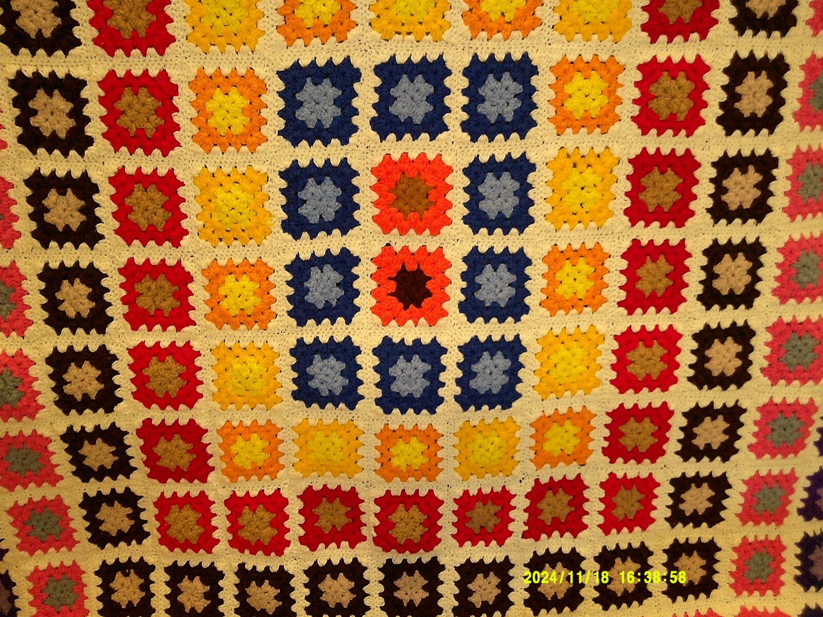 Granny Square Vintage Throw Multi Color Large 88X63 inches Retro Handmade