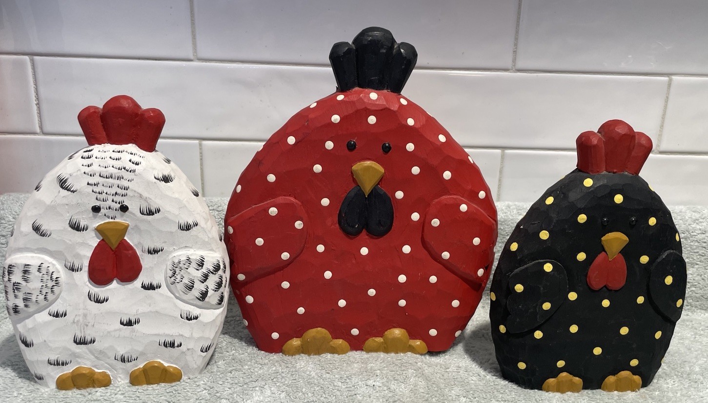 James Haddon Collection Hand Carved Hand Painted Wood Chicken Figurines Set of 3