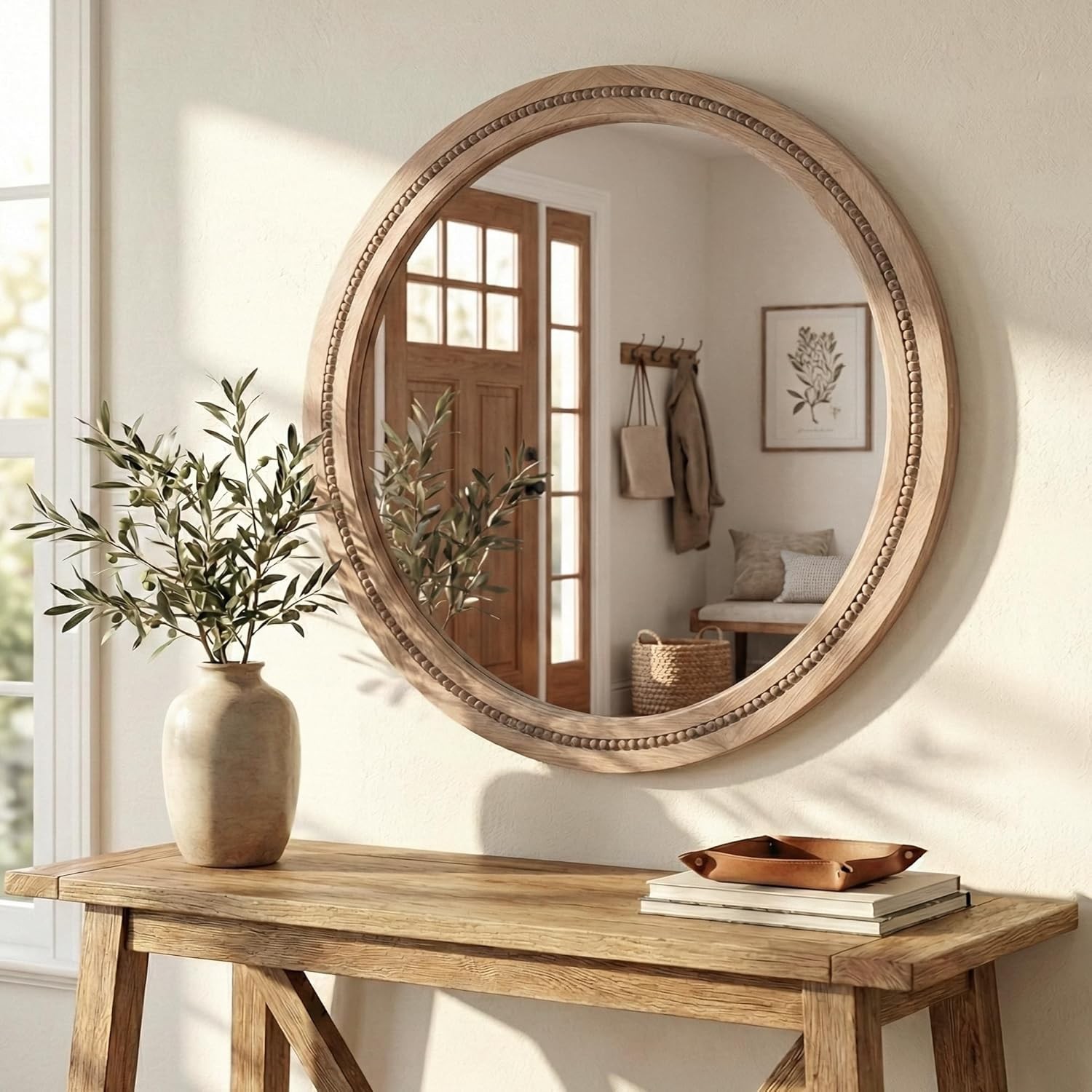 30&Prime; Round Solid Wood Mirror, Handcrafted Beaded Circle for Bathroom Vanity