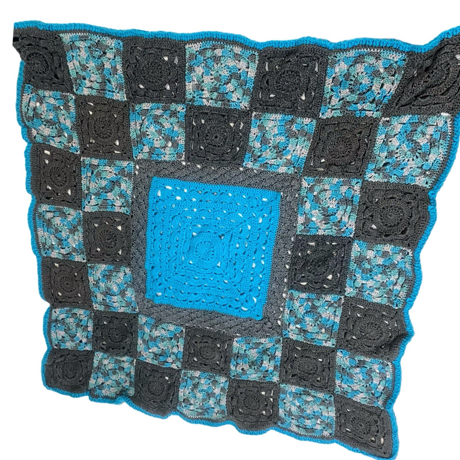Vintage Hand Crochet Granny Square Afghan Throw Blanket 46X47”Blue Gray