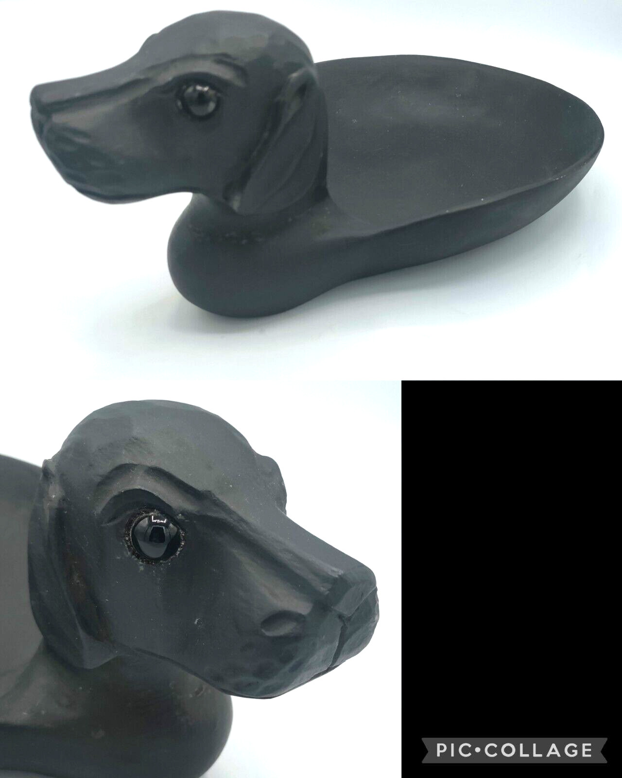 James Haddon Wood Carved Bowl Dog with Glass Eyes Console Dish 12&Prime; x 7.5&Prime; Signed