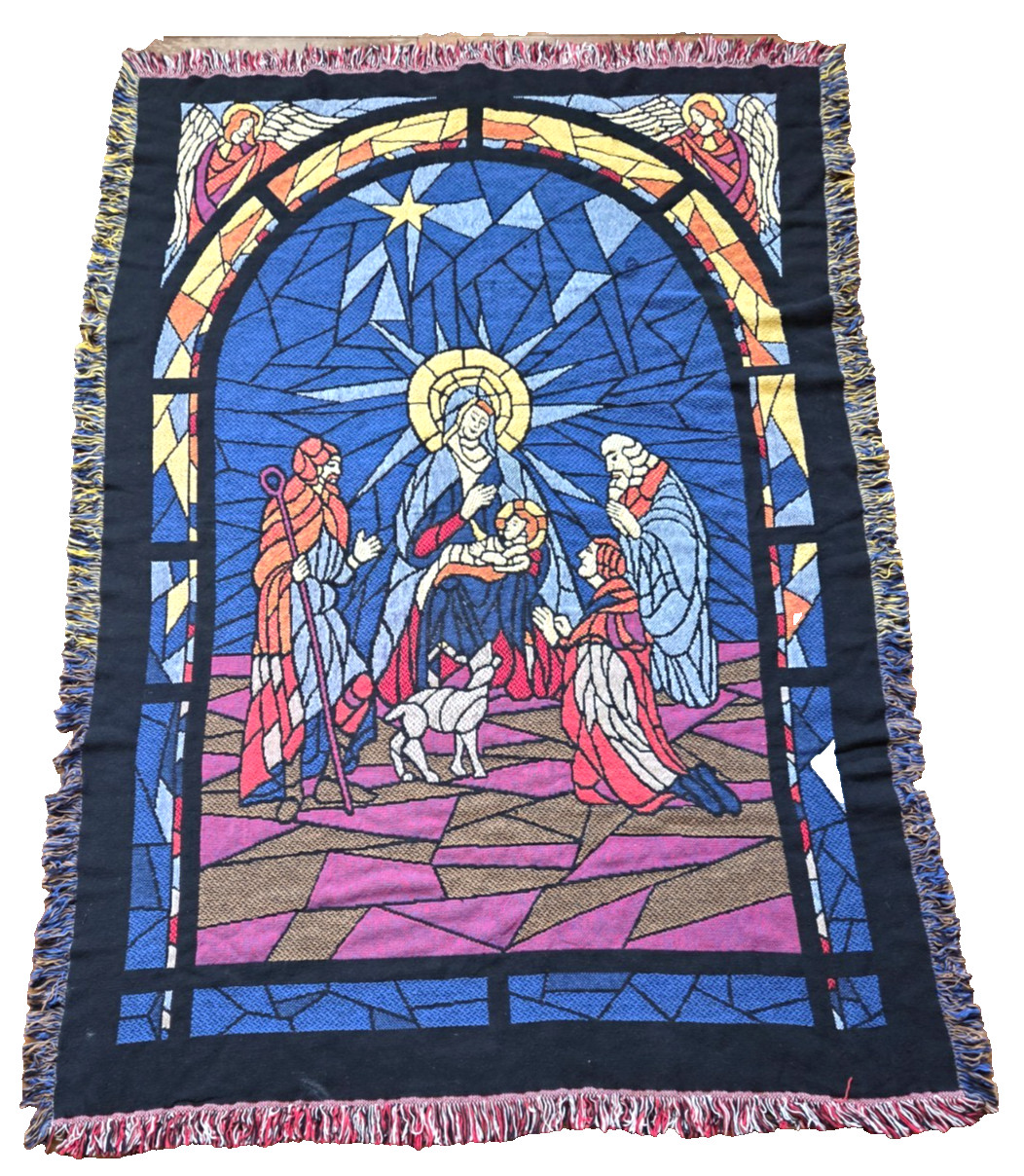 Christmas Woven Tapestry Blanket Throw Nativity Stained Glass Angel Fringe 51×73