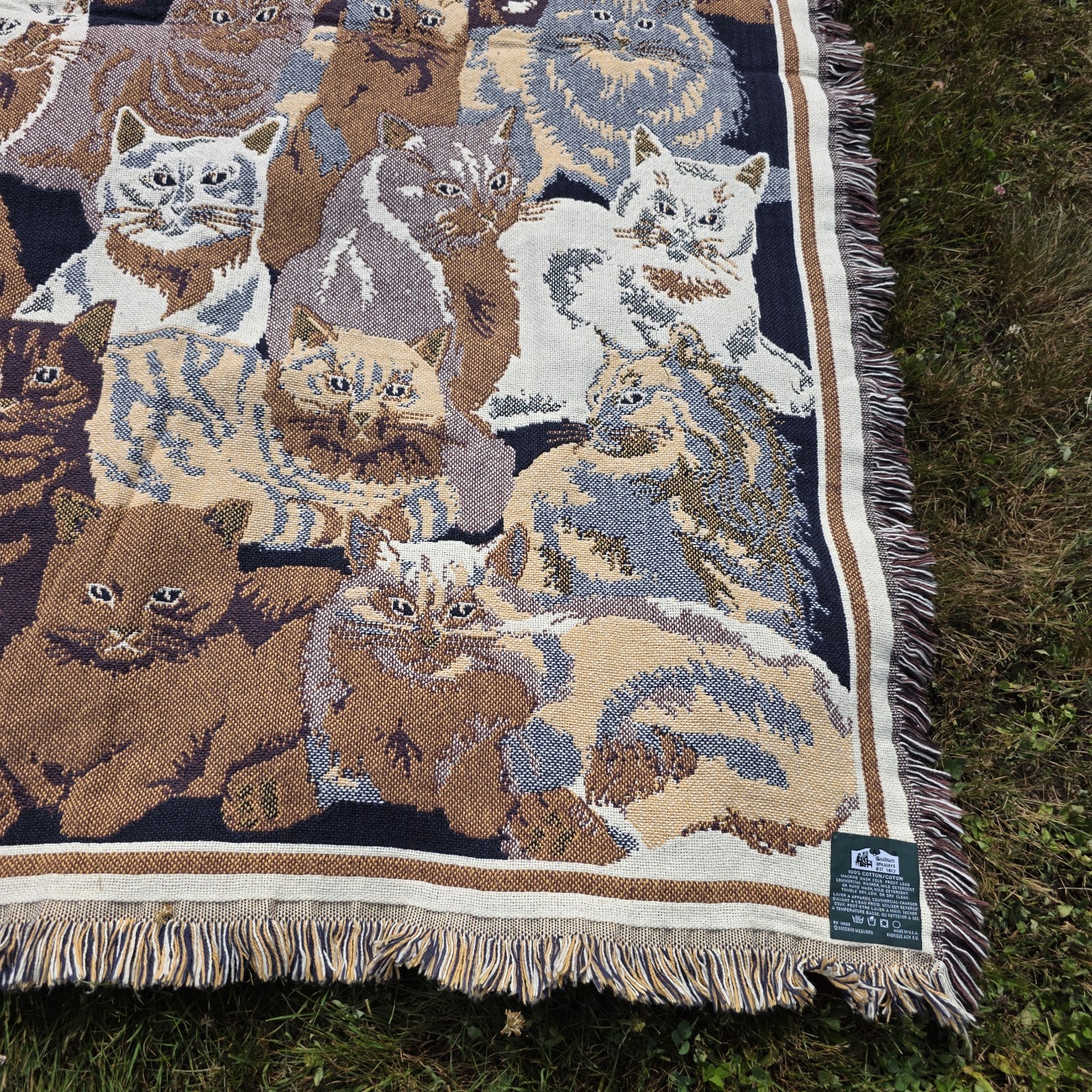 VTG Goodwin Weavers Cat Tapestry Blanket Woven Cotton Throw « Kitty Kingdom » USA