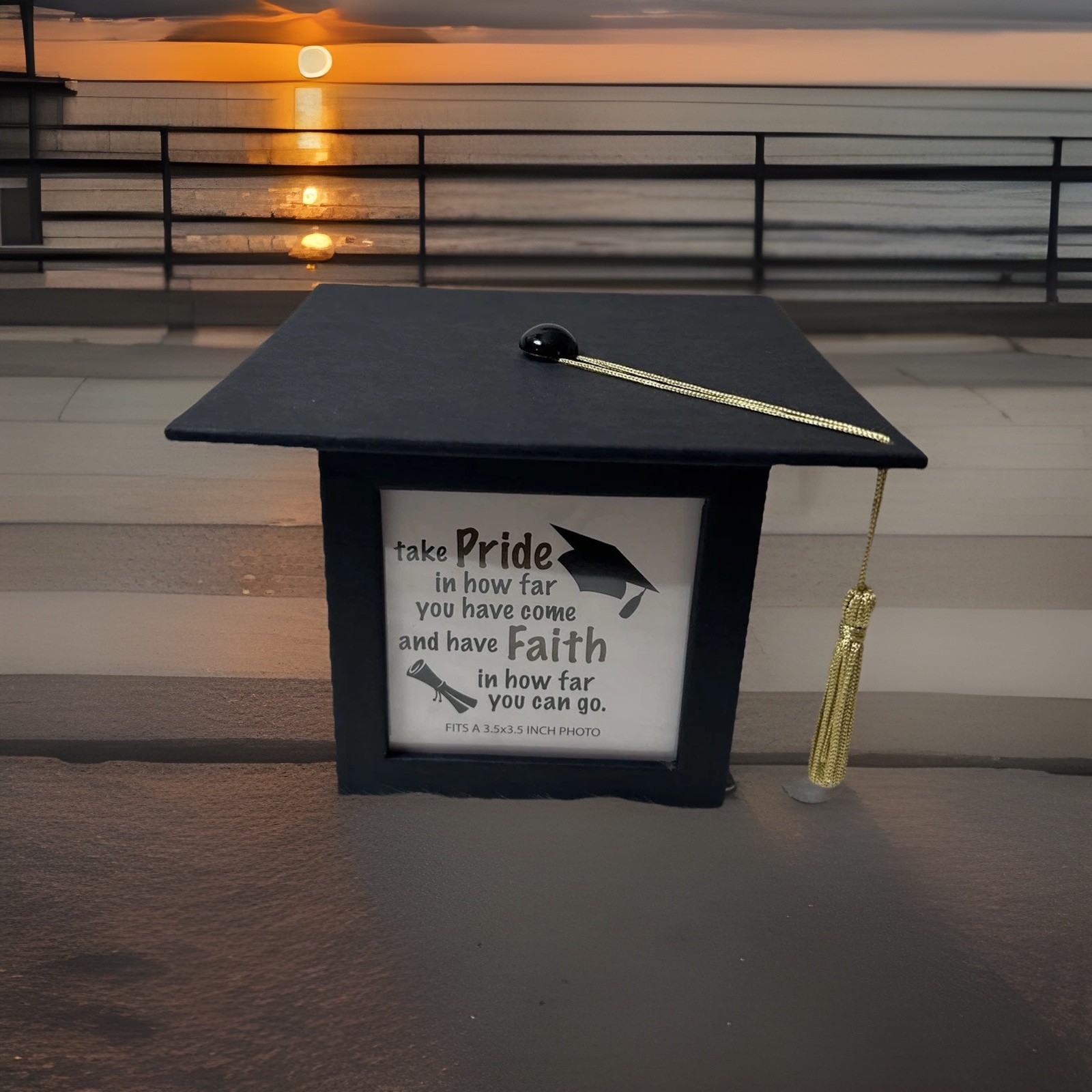 Graduation Figurine Cap Frame Photo Cube 4&Prime; X 4&Prime; Holds Four 3.5&Prime; Photos Tassel