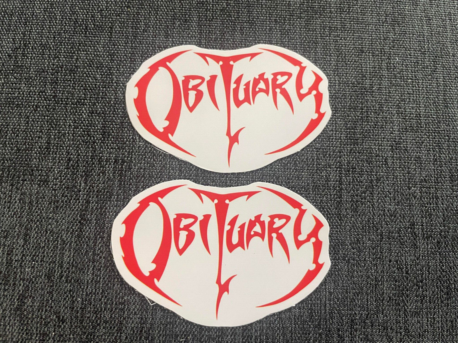 Lot (2) OBITUARY 1 1/2&Prime; x 2 1/2&Prime; Band STICKERS Red FAST! FREE SHIP!