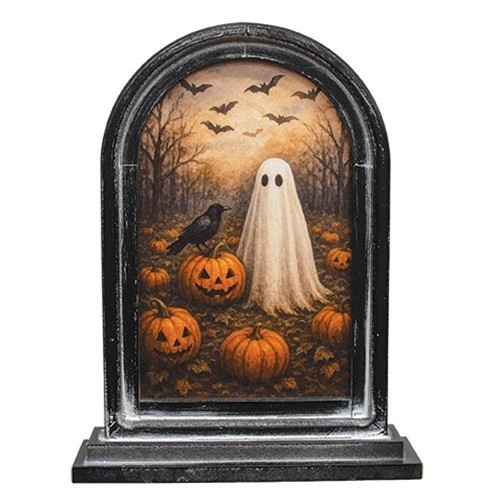NEW PRIMITIVE HALLOWEEN GHOST PUMPKIN BATS PRINT Arched Frame 12.5&Prime;Tx9.5&Prime;Wx2.5&Prime;D