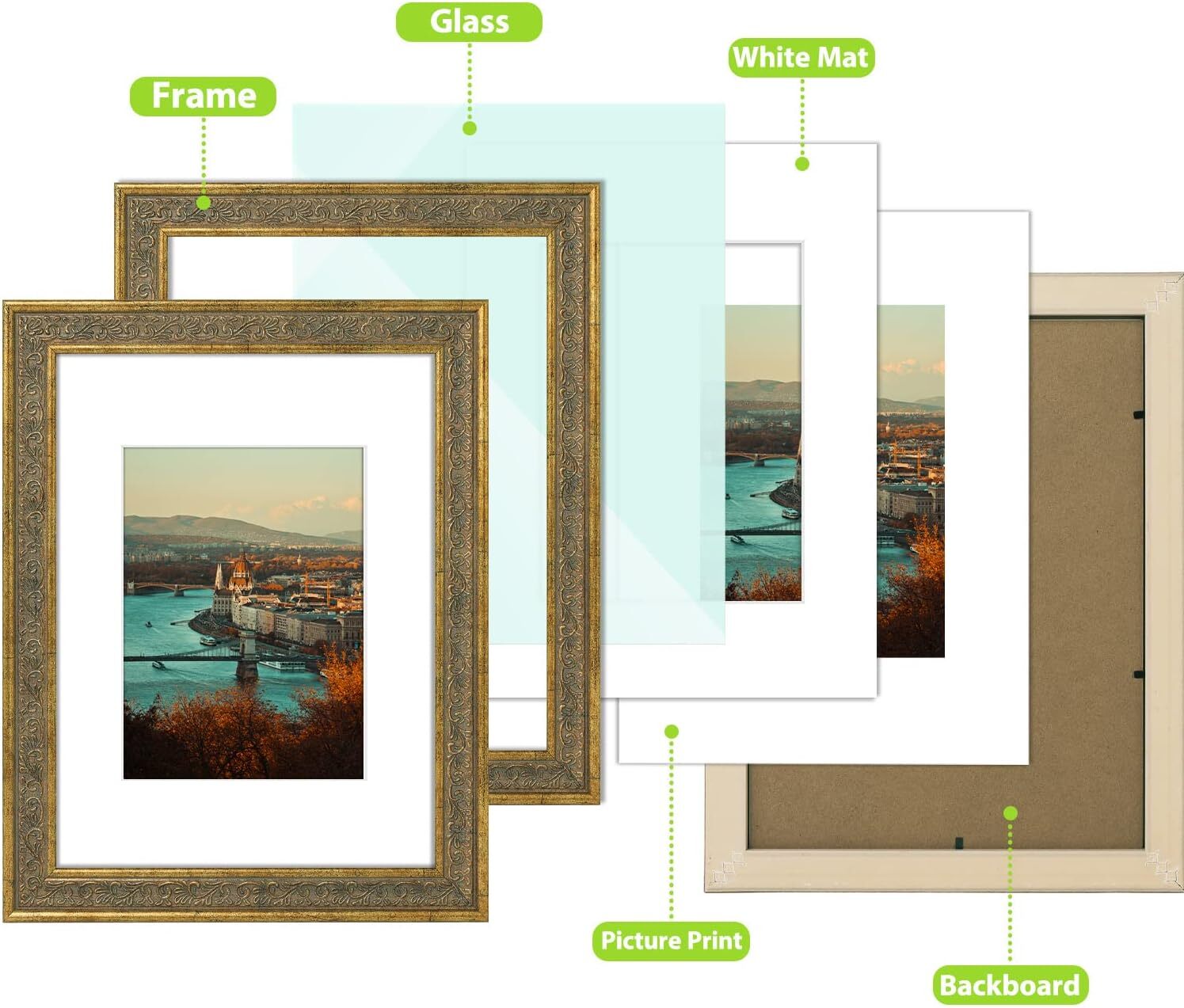 9X12 Photo Frame with White Mat for 6X8 Pictures & Real Glass, 1.25-Inch Wide