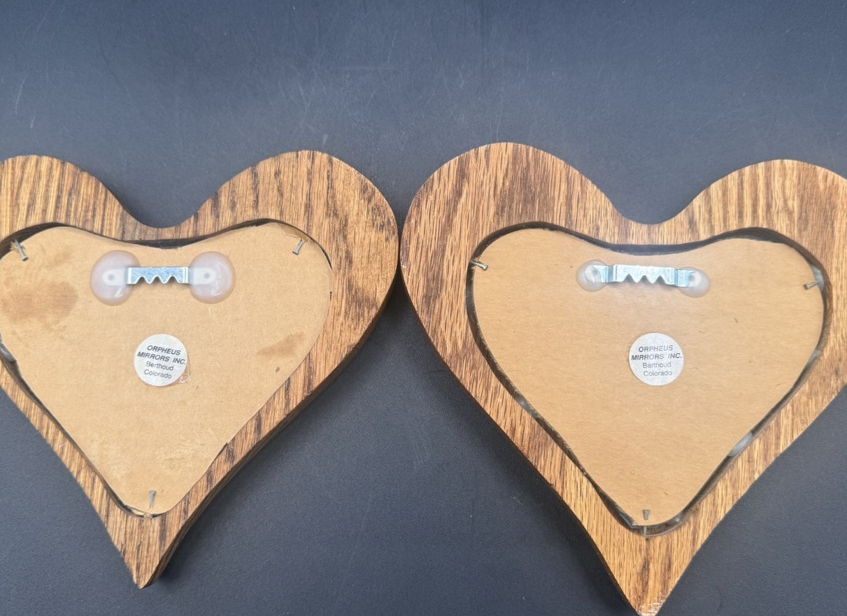 Vintage Heart-Shaped Oak Wood Butterfly, Brass Accents Cottage Boho 2 Mirror Set